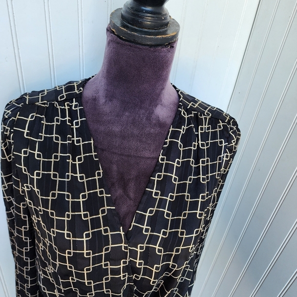 NWT Haver London Top Womens Black Beige Gold Flowy Puff Sleeve Smocked Waist S - Picture 4 of 15